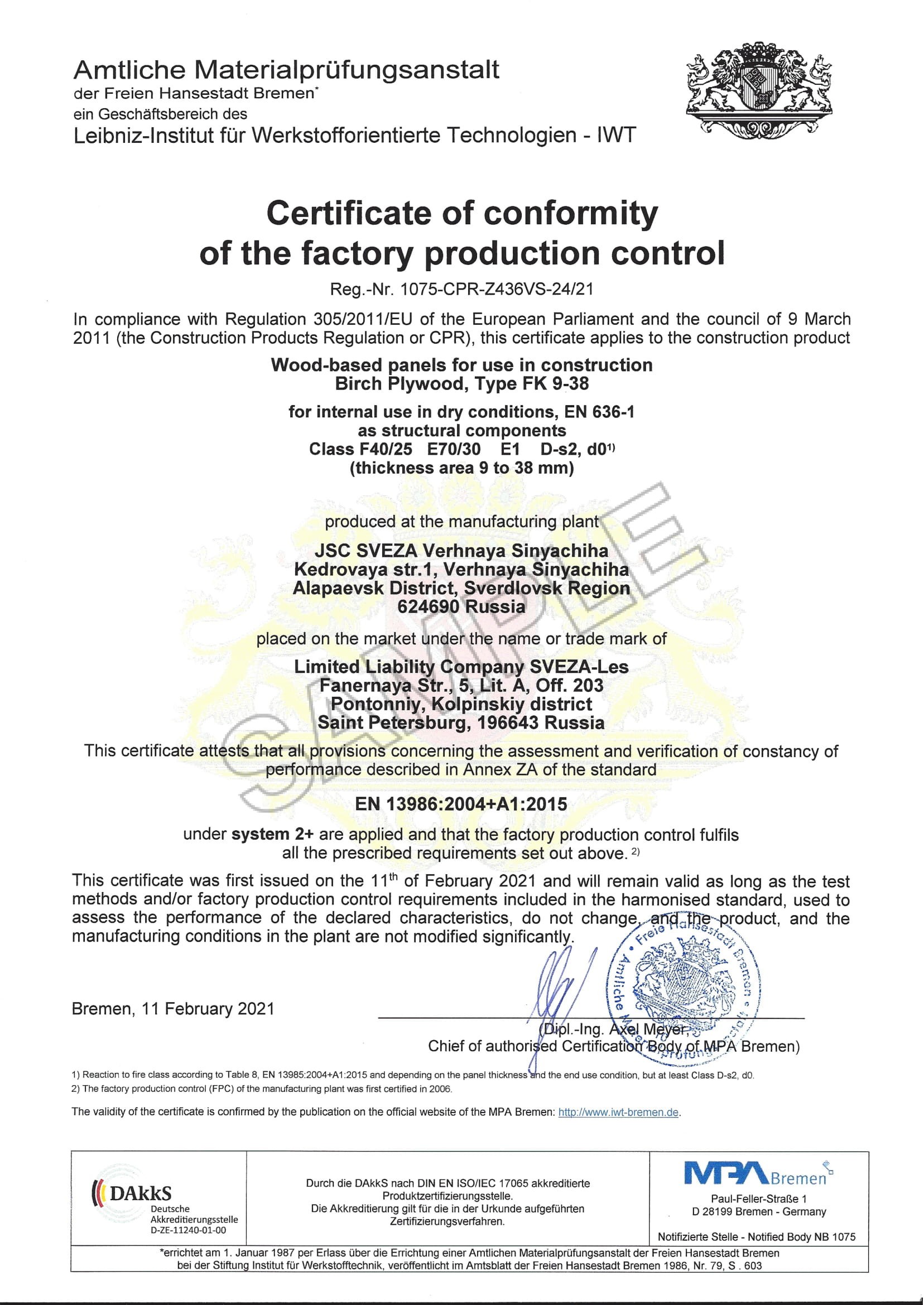 Certificate of Conformity, SVEZA Laser