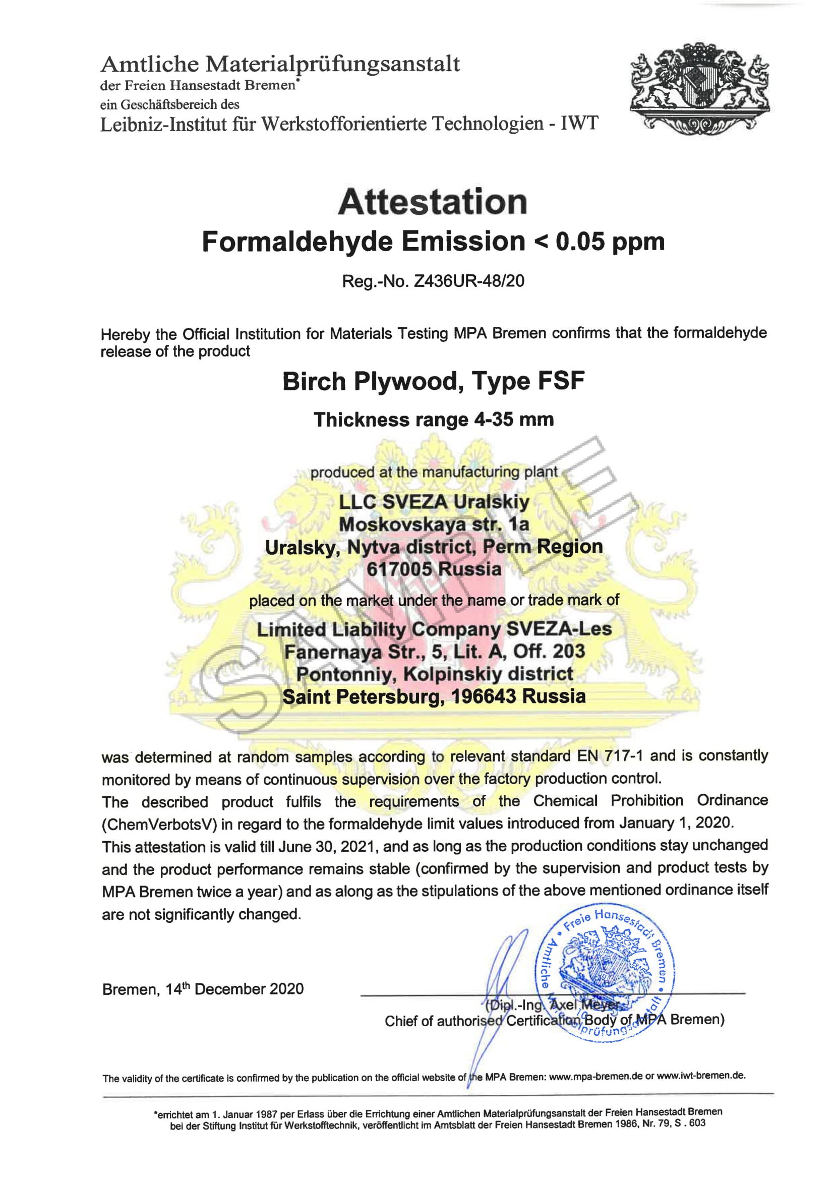 E0,5 Formaldehyde Emission Certificate (FILM)