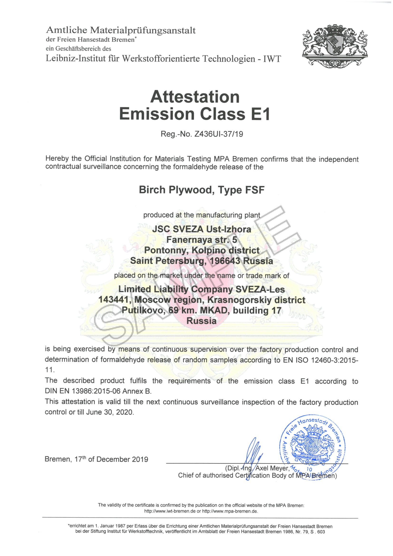 E1 Formaldehyde Emission Certificat
