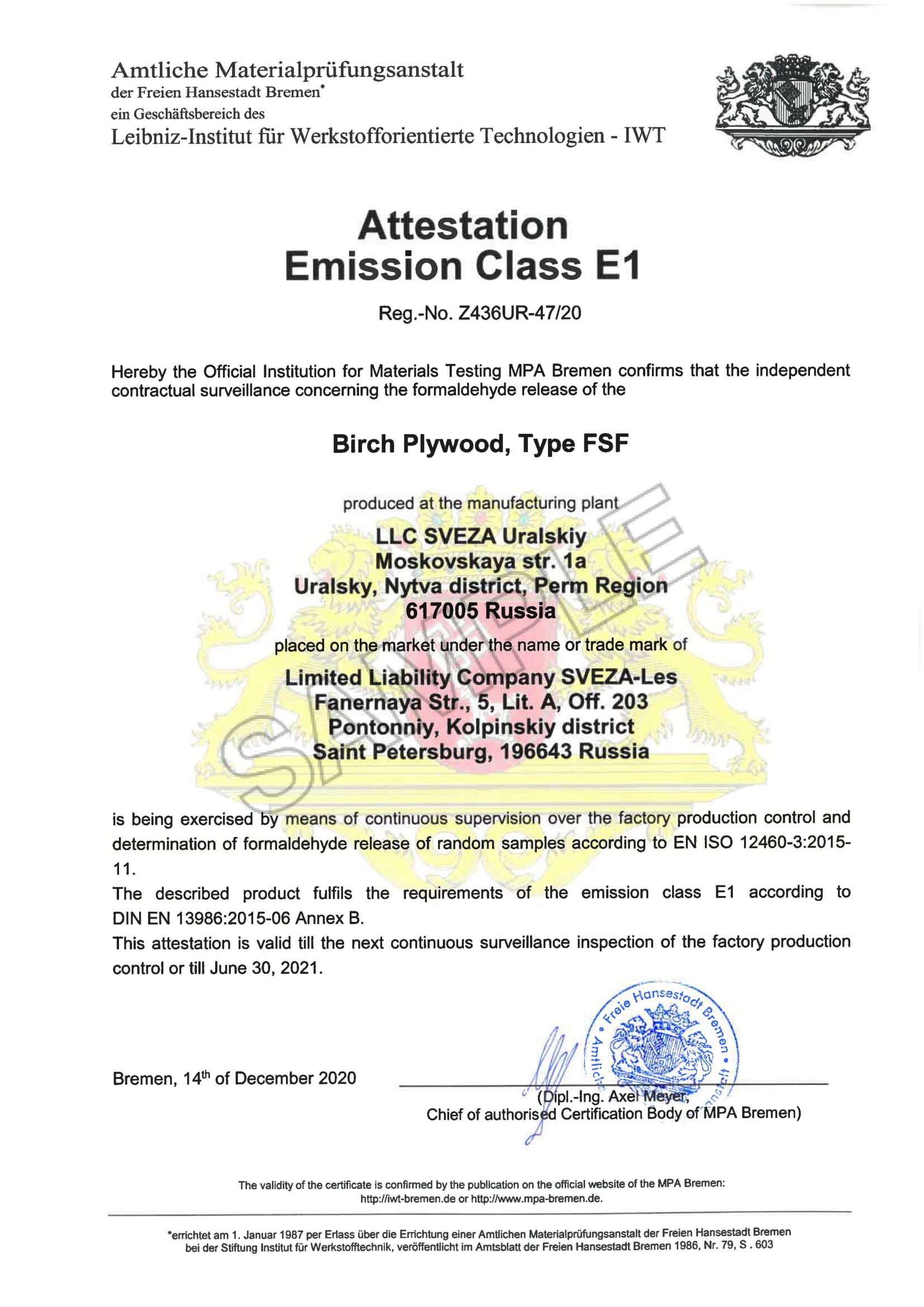 E1 Formaldehyde Emission Certificate (FILM)